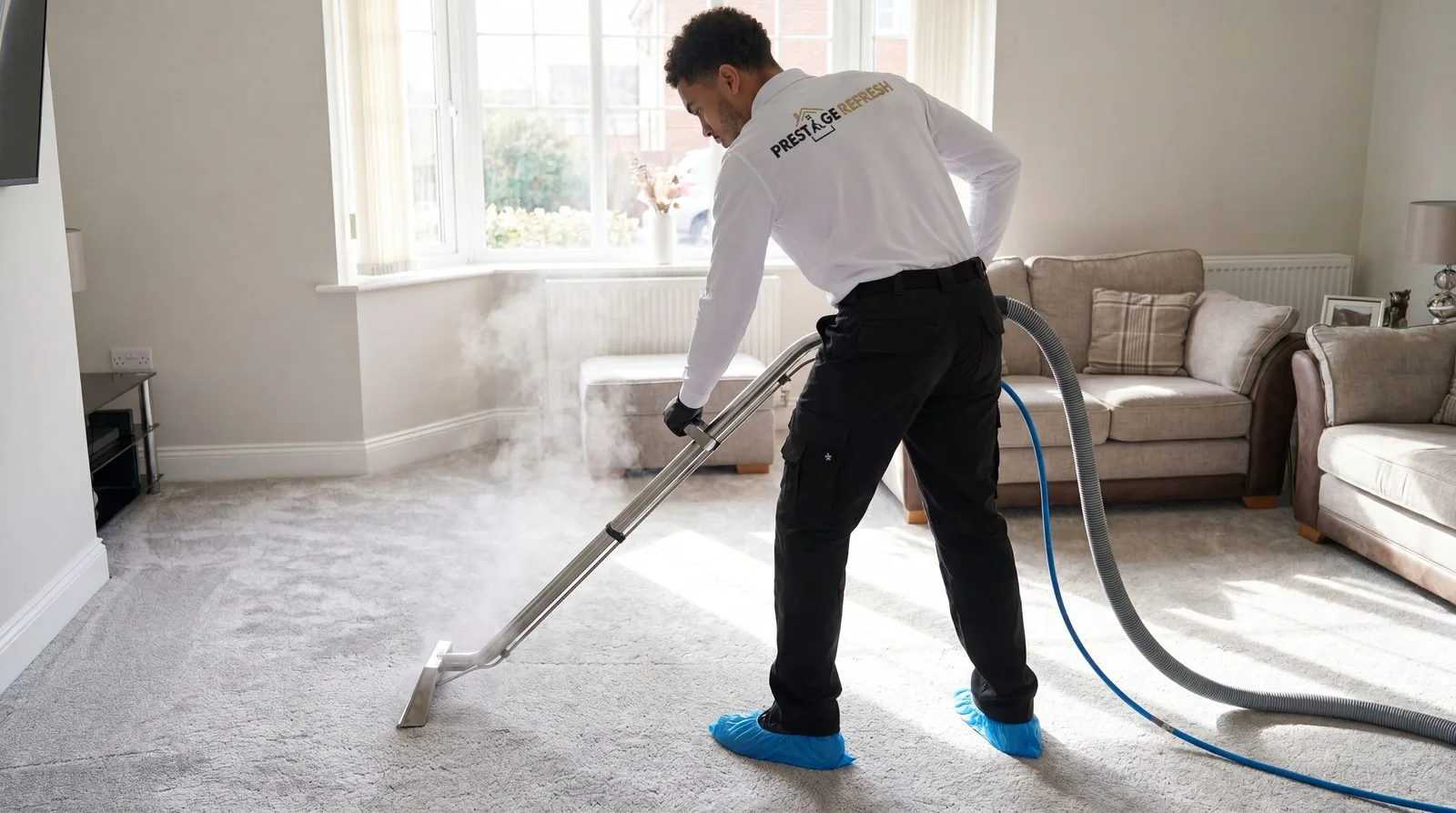 Upholstery & Sofa Cleaning in Manchester 4 Steam rising as the carpet is deep cleaned