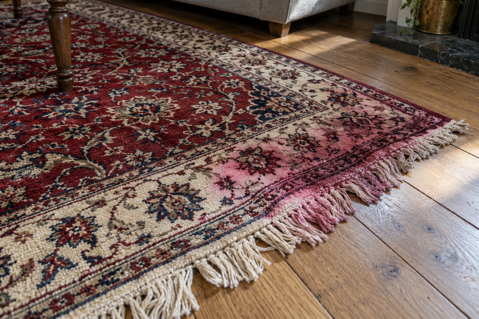 Can Professional Cleaning Damage Your Carpet, Upholstery or Floors? 2 A patterned wool rug where red dye has run into the pale border after a careless clean.