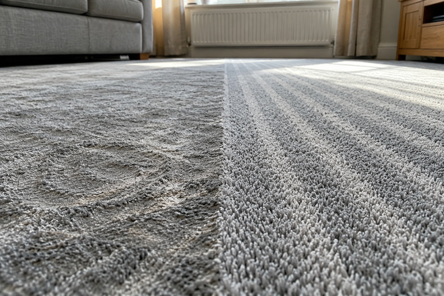 Can Professional Cleaning Damage Your Carpet, Upholstery or Floors? 7 Matted pile left by a rushed finish beside the same carpet properly groomed.