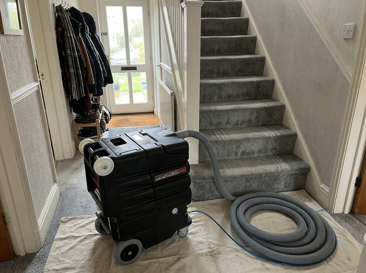 Cancelling the Golden Club 4 A hallway and stair carpet just after a light maintenance clean, the kind of visit the Golden Club is built on.
