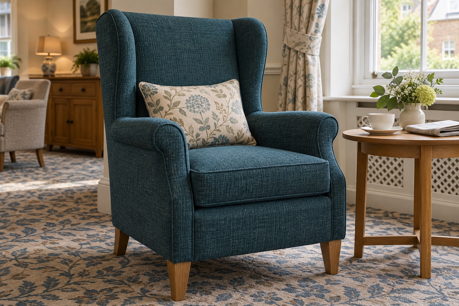 Care Home Carpet and Upholstery Cleaning 2 A freshly cleaned fabric armchair in a care home lounge.