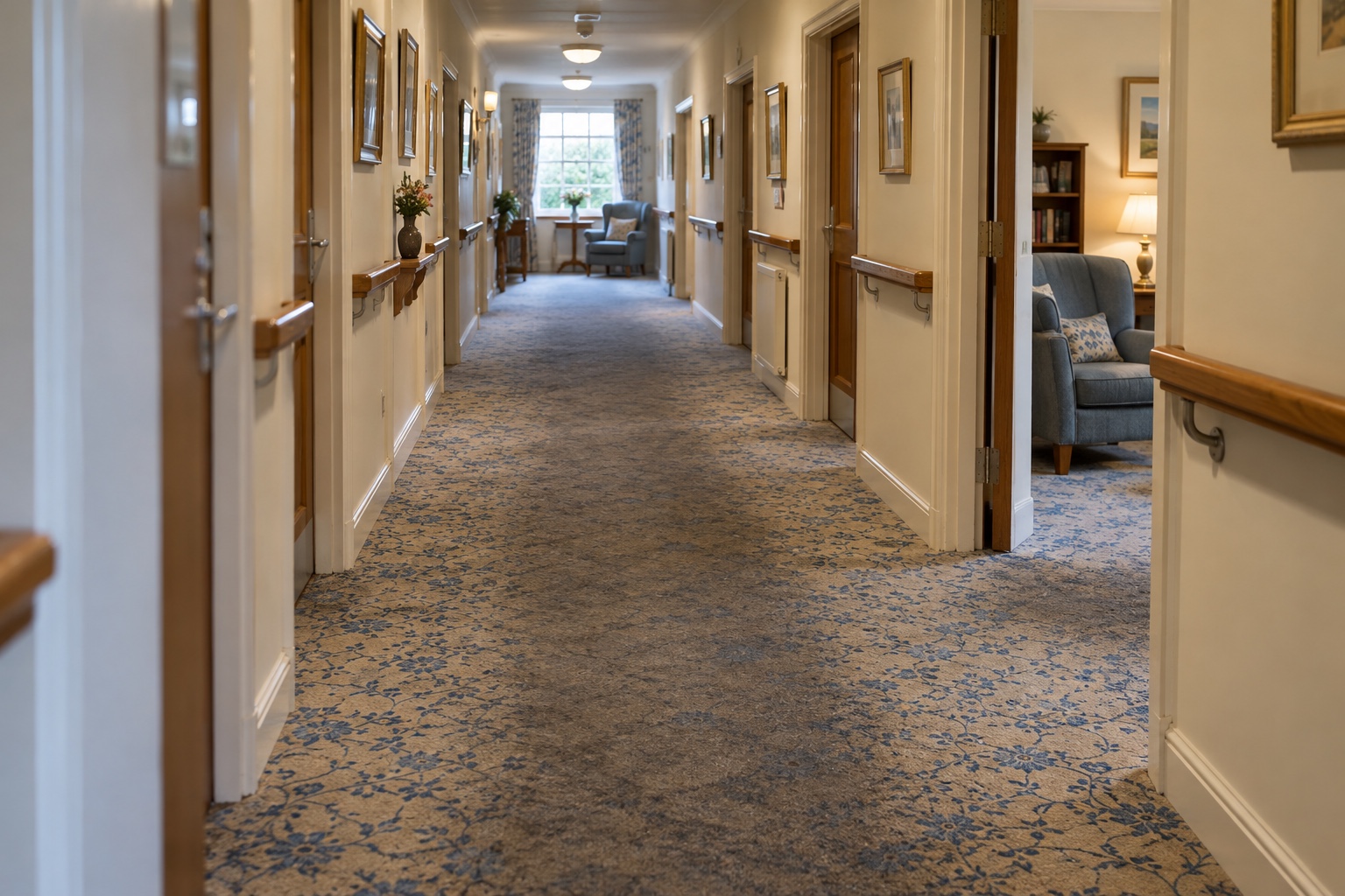 Care Home Carpet and Upholstery Cleaning 4 A care home corridor carpet with a grey traffic lane where people walk most.