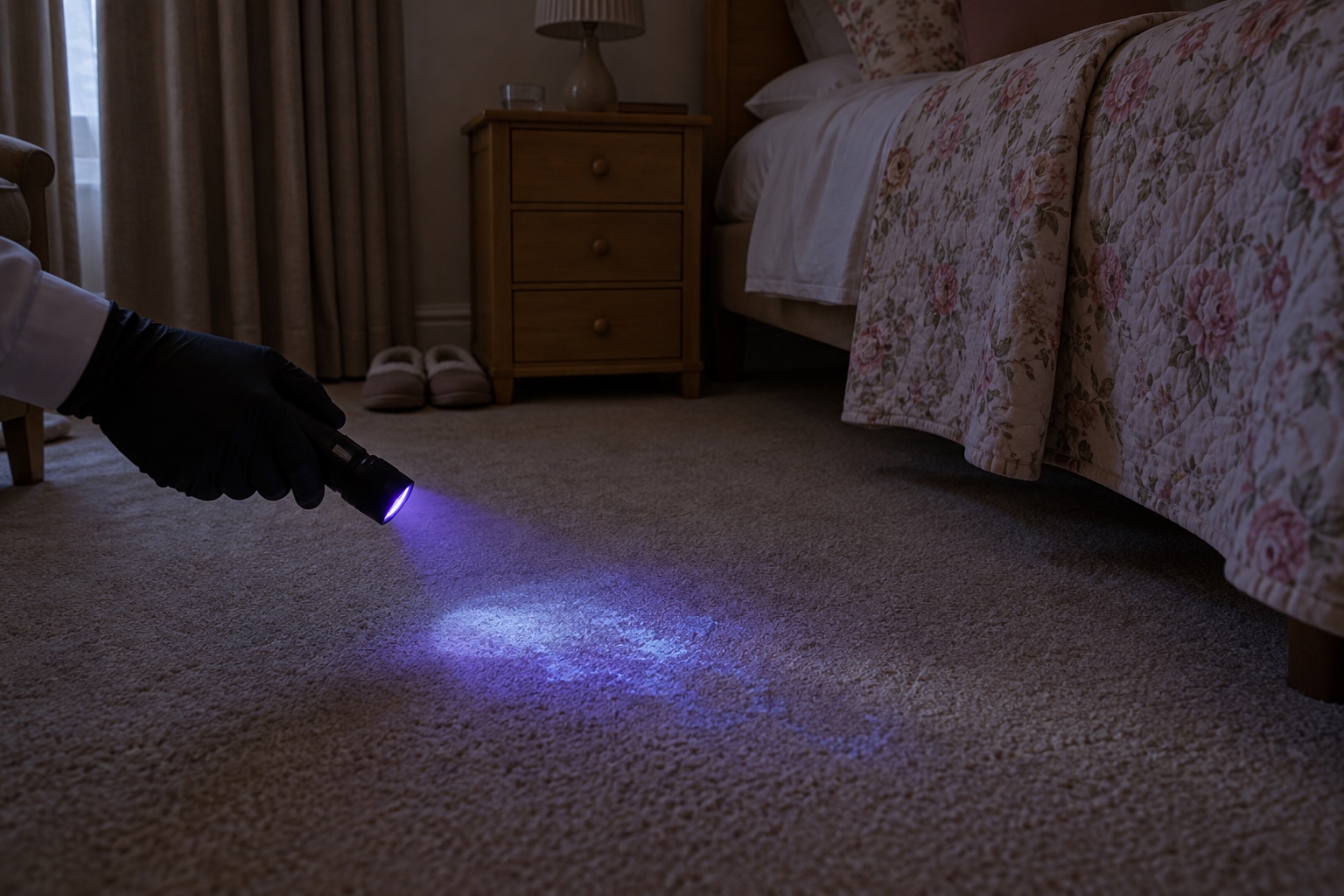 Care Home Carpet and Upholstery Cleaning 5 A UV torch showing a hidden patch on a resident room carpet before treatment.