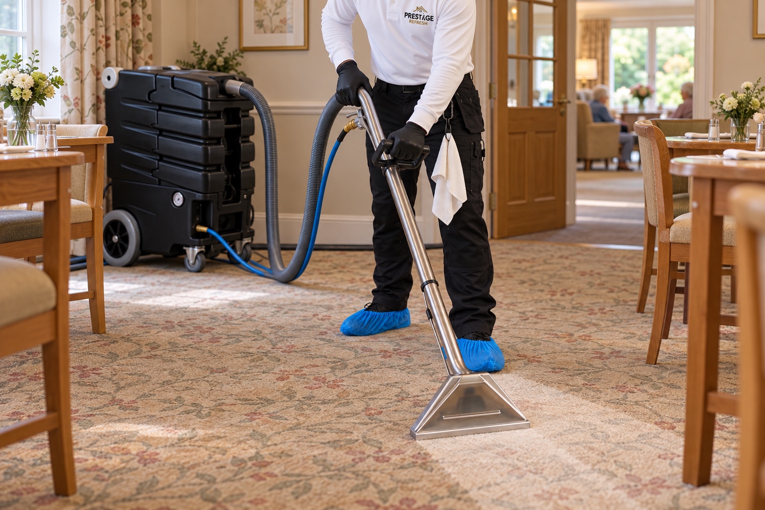 Care Home Carpet and Upholstery Cleaning 6 Our technician cleaning a care home dining room while the lounge stays in use.