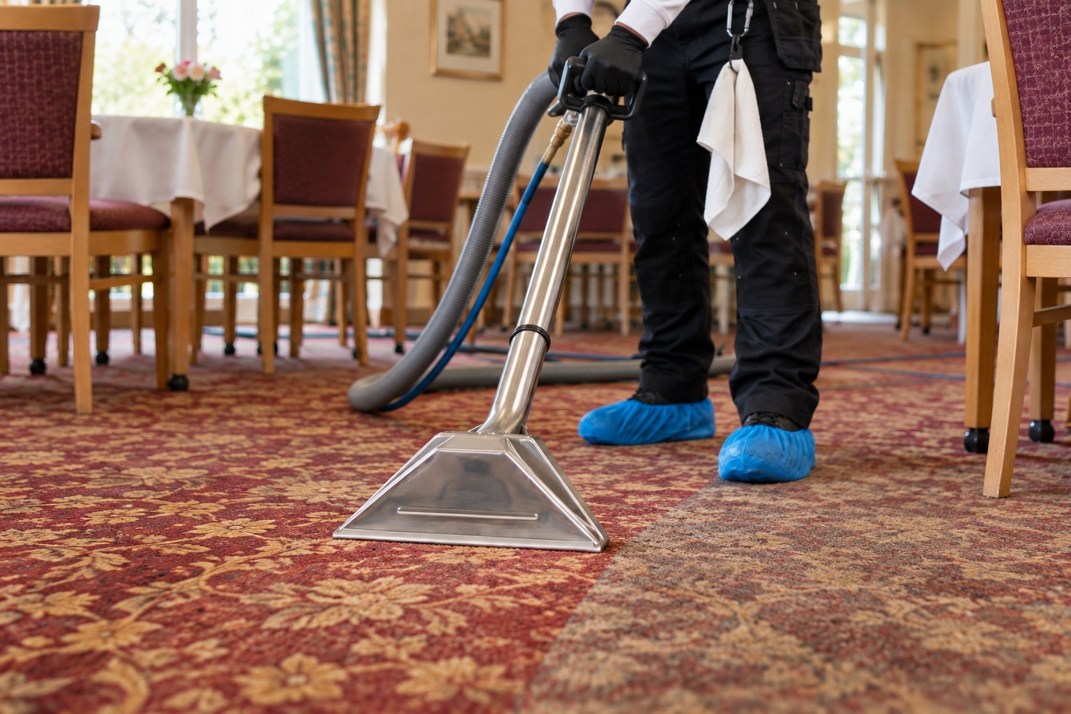 Care Home Carpet and Upholstery Cleaning 7 Hot water extraction lifting soil from a care home dining room carpet.