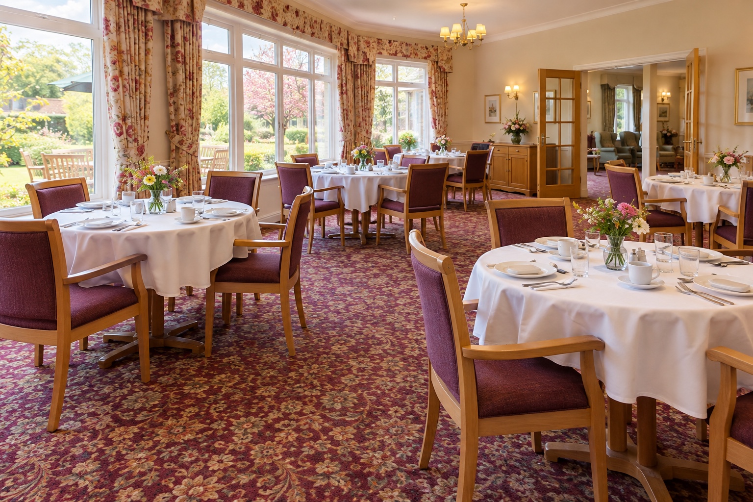 Care Home Carpet and Upholstery Cleaning 8 A care home dining room with freshly cleaned carpet, laid ready for lunch.