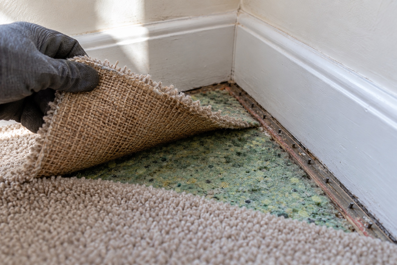 Carpet Smells Damp or Mouldy: Can It Be Fixed? 4 Lifting a carpet corner to check the backing and underlay for damp.