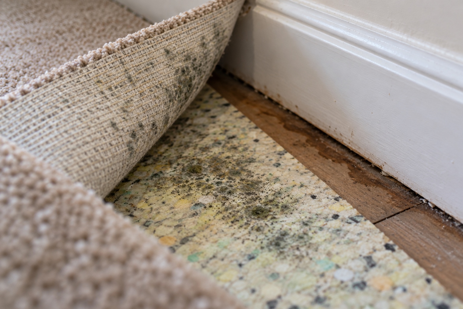 Carpet Smells Damp or Mouldy: Can It Be Fixed? 6 Mould on the underlay under a carpet, which sometimes means replacing it.