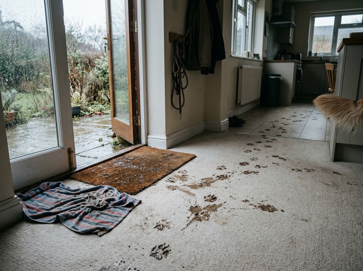 Carpets Through a British Winter 2 Muddy paw prints across the carpet after a rainy dog walk.