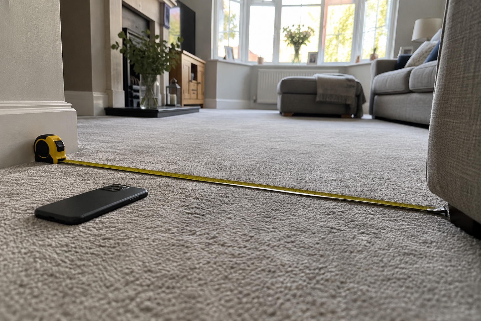 Found It Cheaper? How to Compare Carpet Cleaning Quotes 2 A tape measure across a lounge carpet, checking both quotes cover the same area.