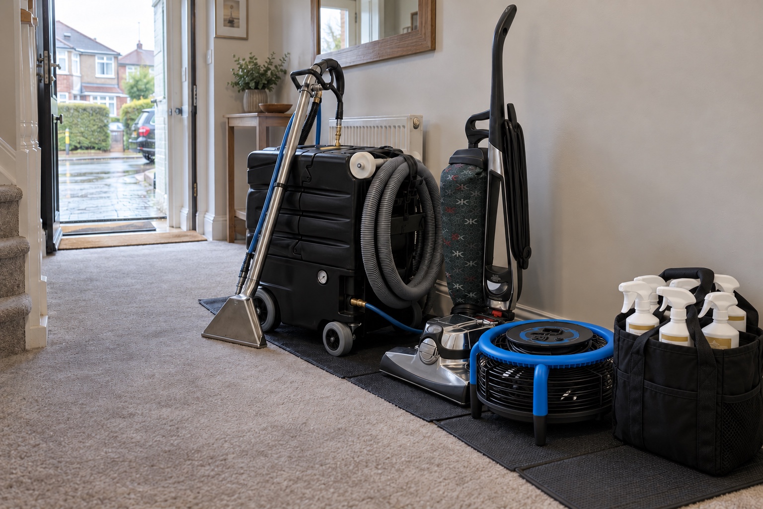 Found It Cheaper? How to Compare Carpet Cleaning Quotes 6 Our cleaning equipment lined up in a hallway.