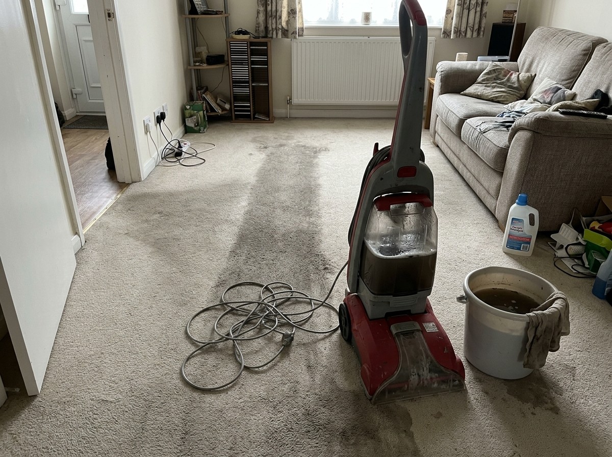 DIY vs Professional Carpet Cleaning 1 A hire machine used at home, with the traffic lane still showing.
