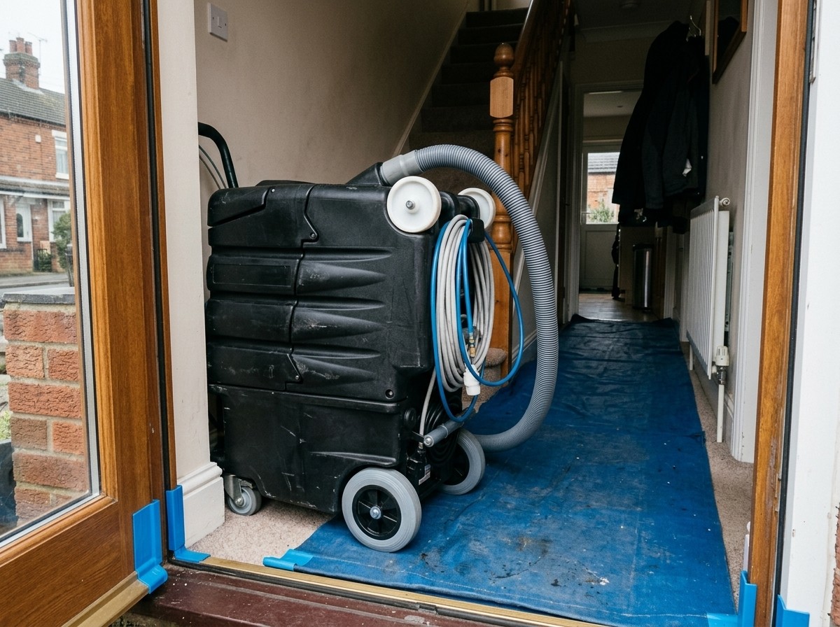 DIY vs Professional Carpet Cleaning 2 Professional cleaning kit at the door, with the floors protected.