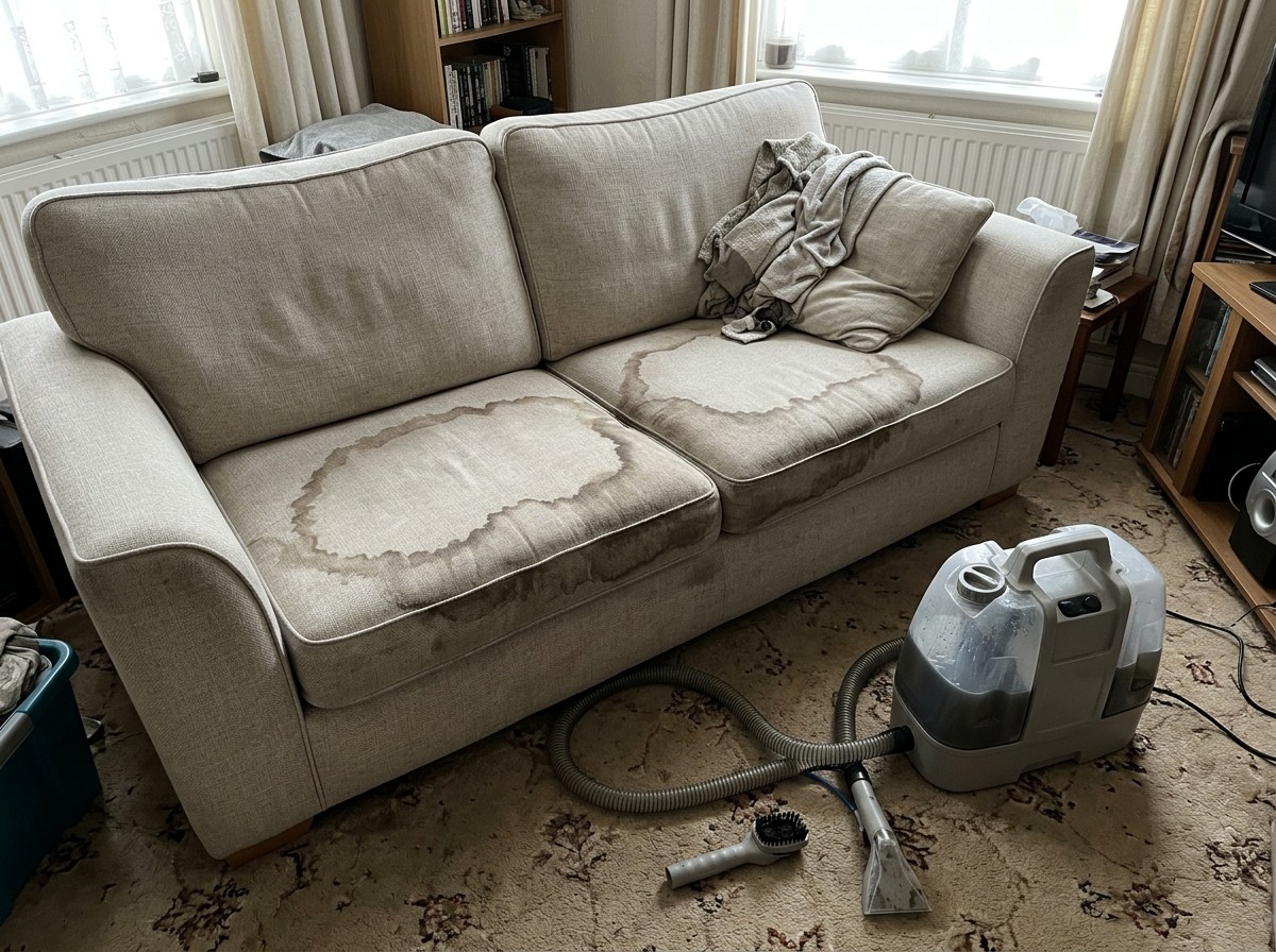 DIY vs Professional Upholstery Cleaning 1 Too much water from a home machine can leave rings on a fabric sofa.