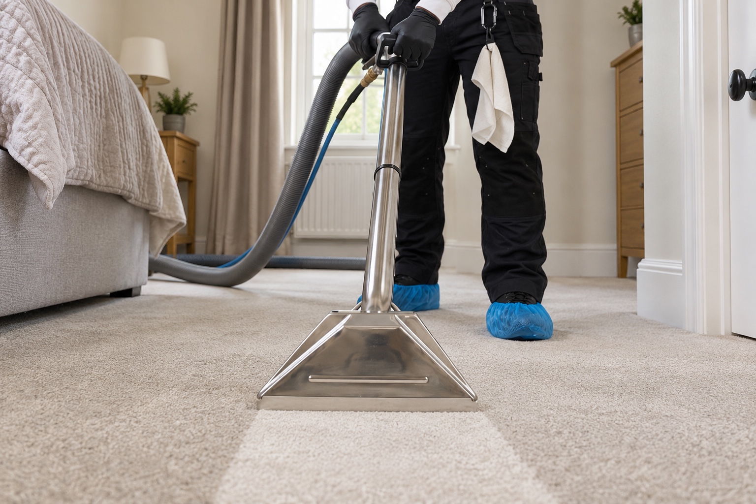 Does Carpet Cleaning Help With Allergies & Dust Mites? 5 One extraction pass leaves a brighter, cleaner stripe on a bedroom carpet.