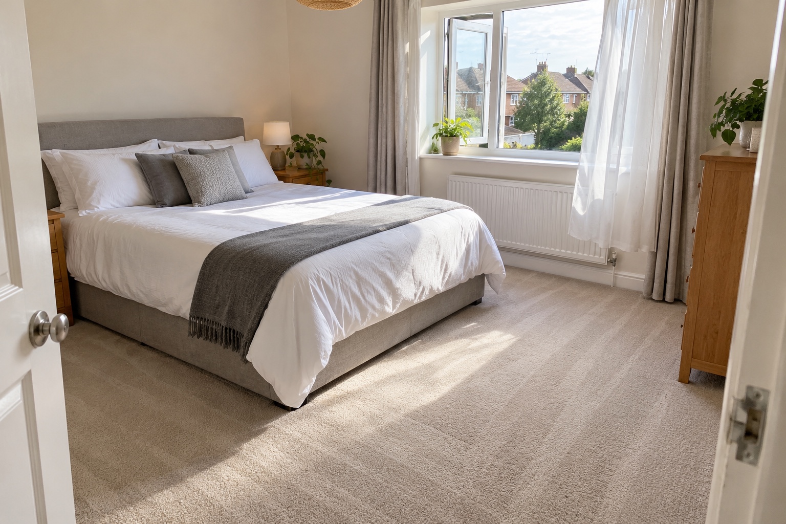 Does Carpet Cleaning Help With Allergies & Dust Mites? 9 A fresh bedroom with a clean carpet, ready to sleep in.