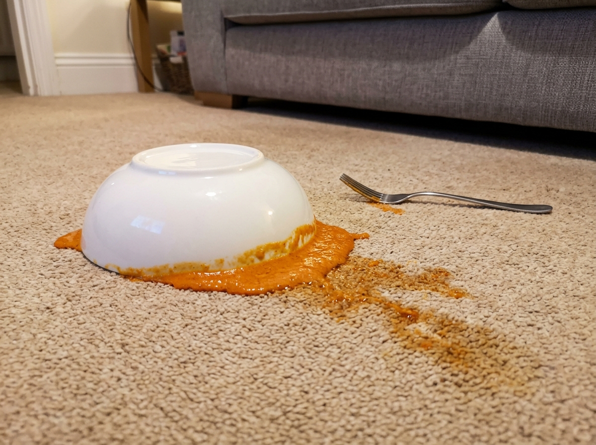 Emergency Spot Call-Outs, Explained 4 A bowl of curry dropped face down on a beige carpet.