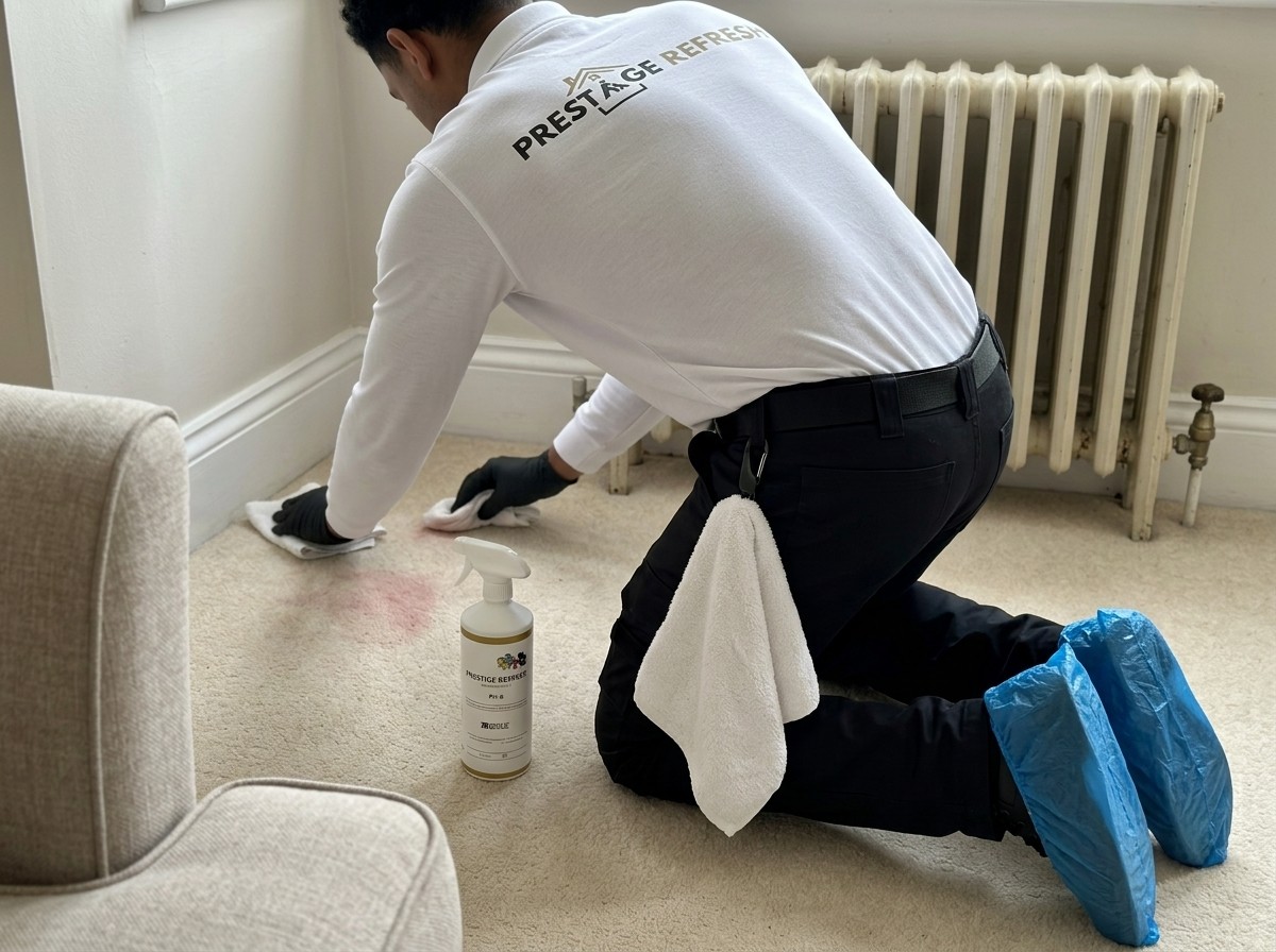 Emergency Spot Call-Outs, Explained 6 Our technician spot testing a hidden corner before treating the spill.