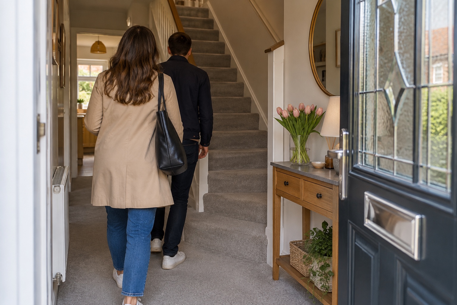 Estate Agent Carpet Cleaning for Sale-Ready Homes 2 Buyers stepping into a bright hallway with clean carpet at a viewing.