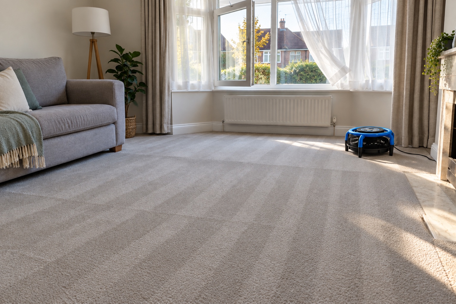 Estate Agent Carpet Cleaning for Sale-Ready Homes 7 A freshly cleaned carpet drying with airflow before the listing photos.