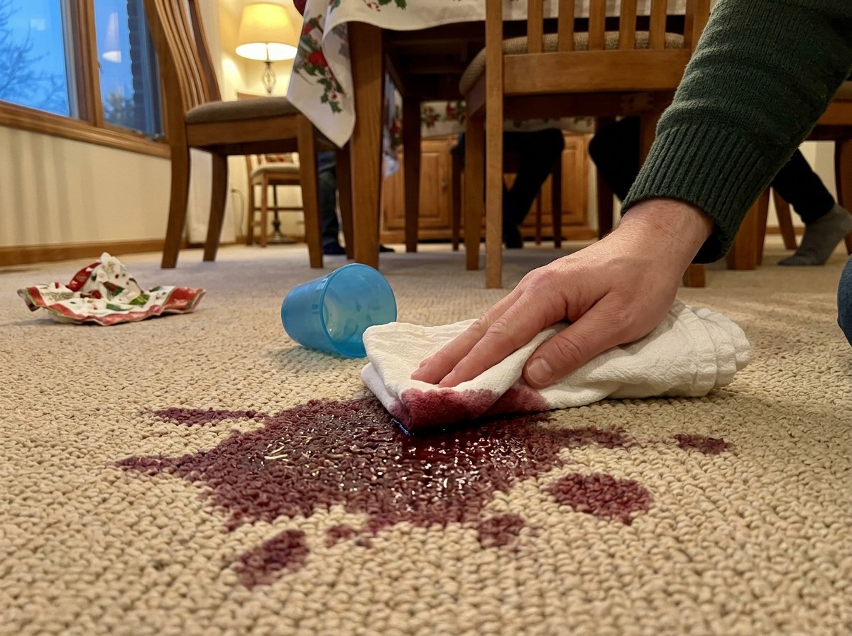 Getting Guest-Ready for the Festive Season 6 Blotting a grape juice spill from the outside in with a clean cloth.
