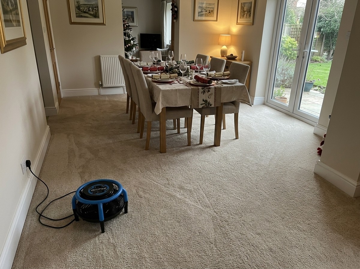 Getting Guest-Ready for the Festive Season 7 An air mover drying the dining room carpet before guests arrive.