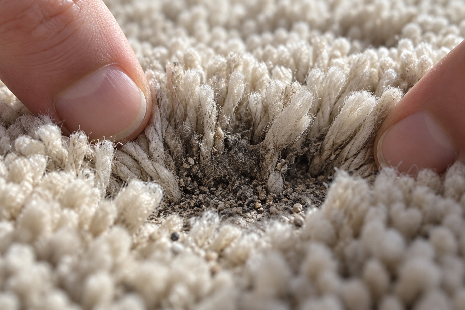 Hire Machine vs a Professional Clean 2 Parting the pile shows grey soil still sitting deep in the carpet.