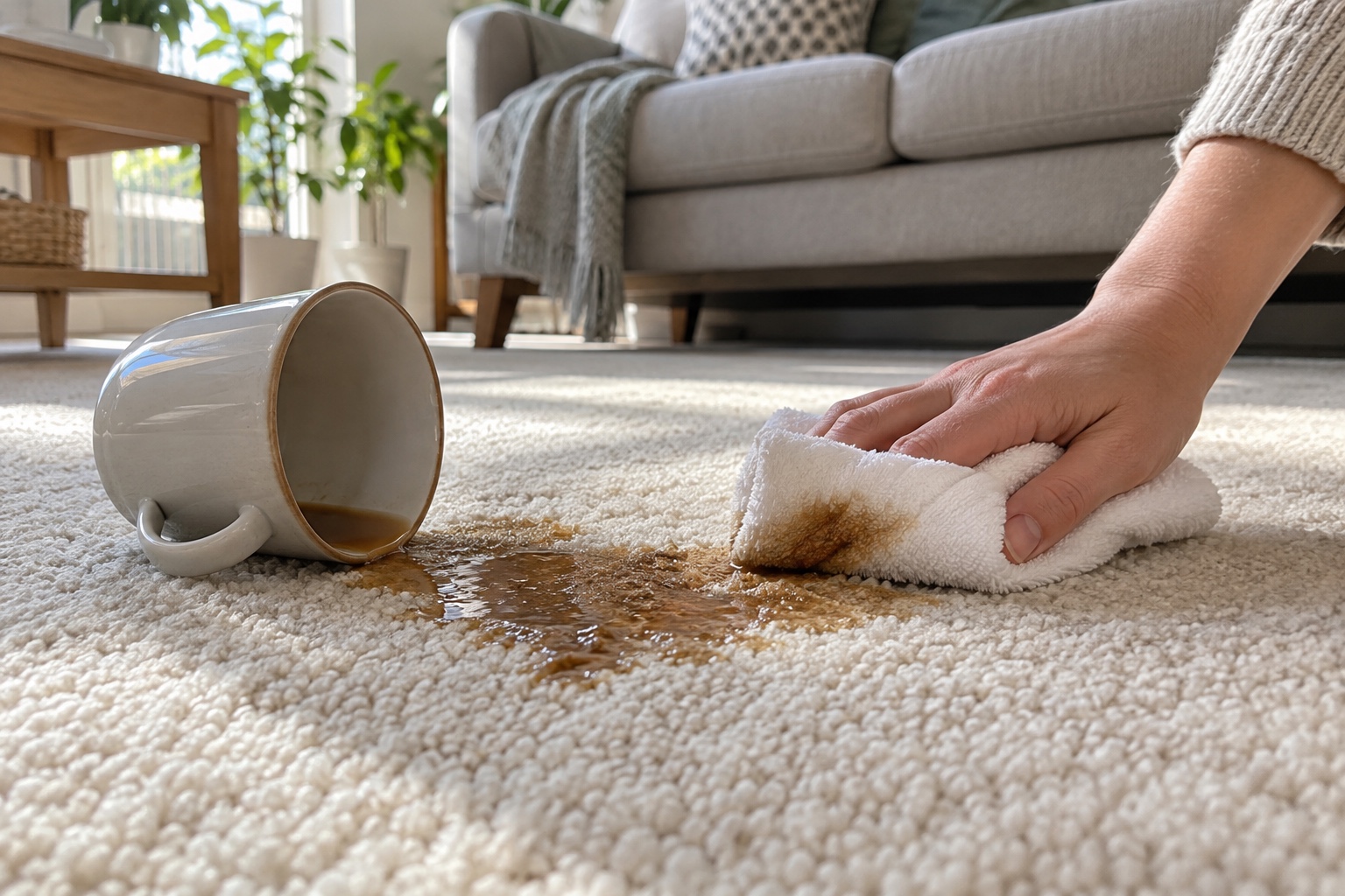 Hire Machine vs a Professional Clean 7 Blotting a fresh coffee spill with a clean white cloth.