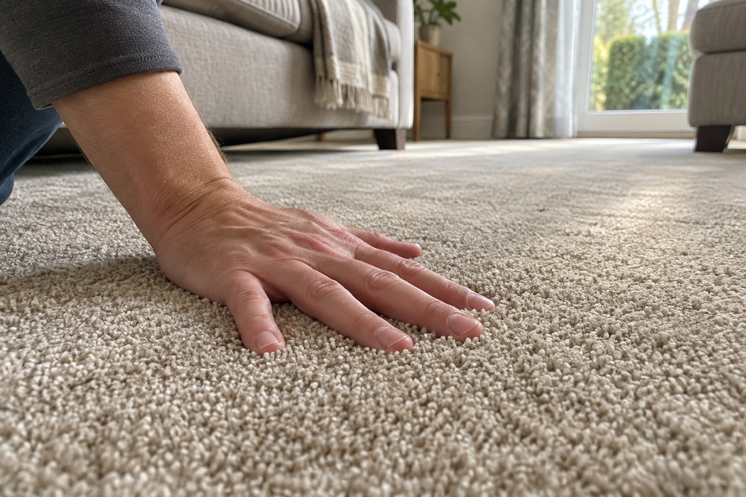 How Long Until It's Dry & Safe to Walk On? 2 Pressing a palm on the carpet to check whether it is still damp.