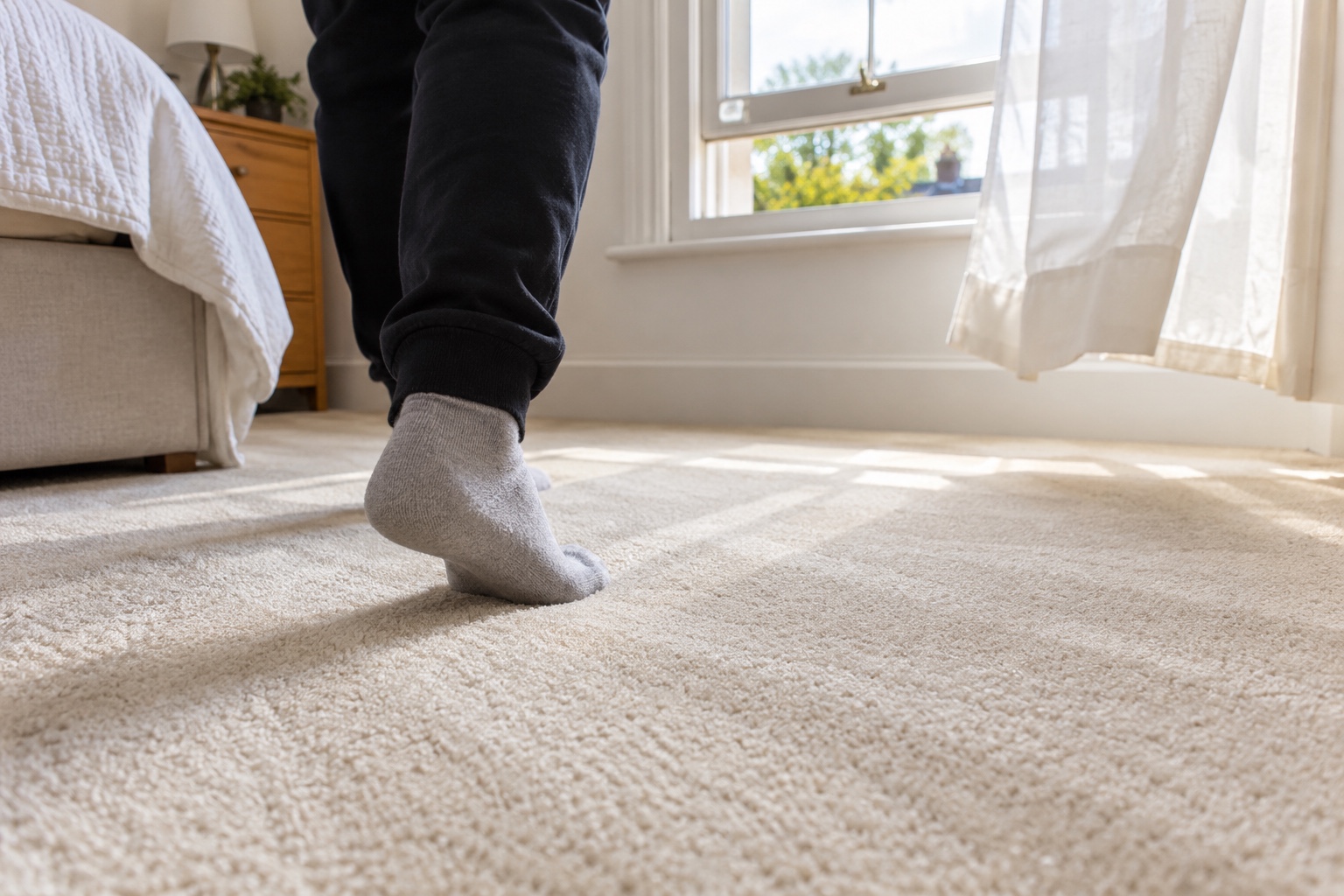 How Long Until It's Dry & Safe to Walk On? 5 Walking on a freshly cleaned carpet in clean socks with the window open.