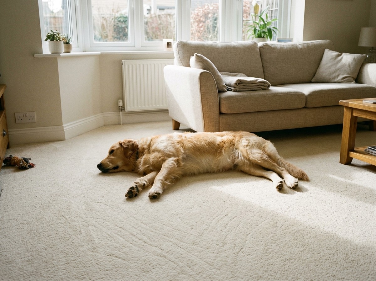 How Referrals Work at Prestige Refresh 6 A dog relaxing on a freshly cleaned cream carpet.