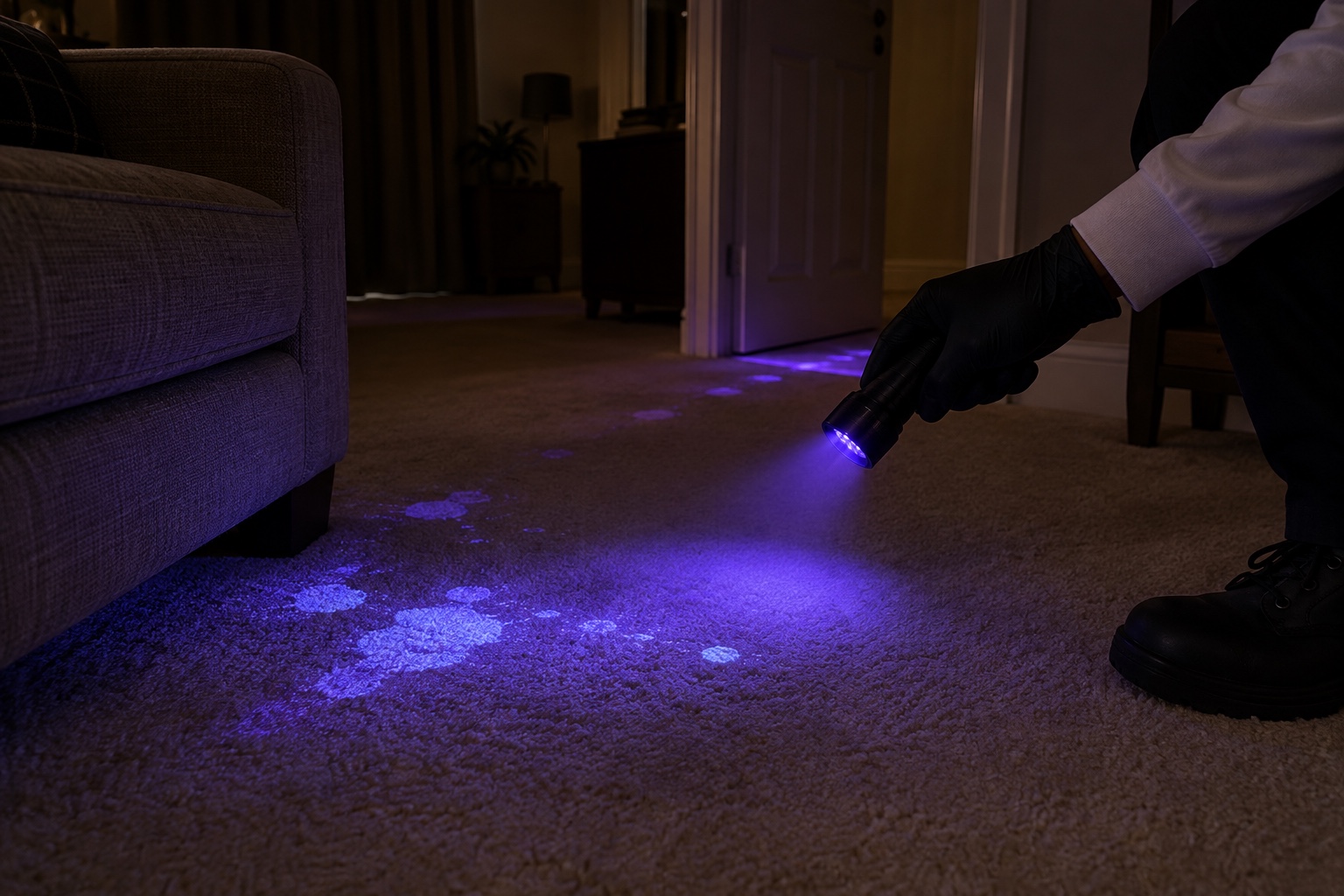 How to Get Rid of Pet Urine & Odour for Good 3 A UV torch showing old pet urine patches on a carpet.