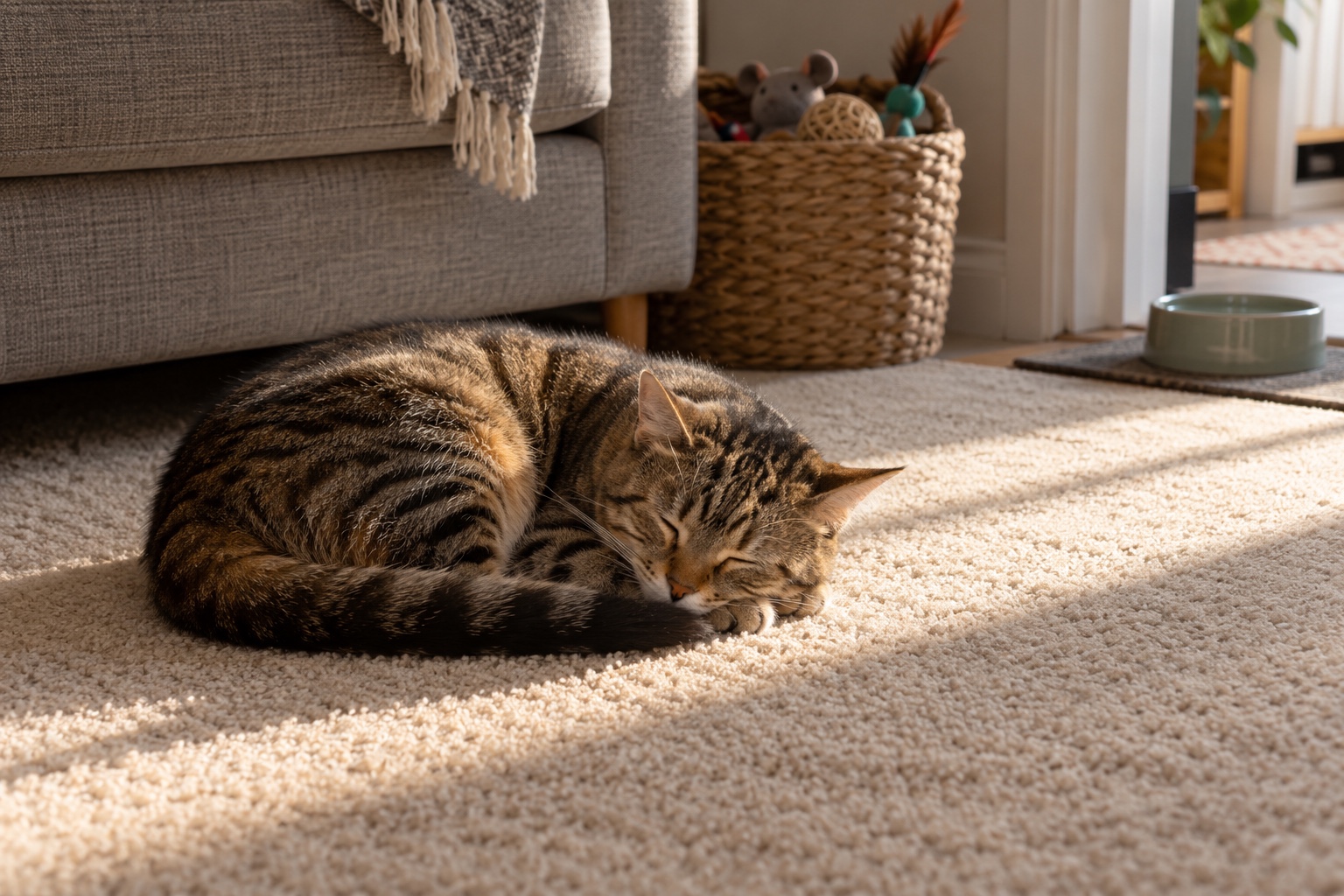 How to Get Rid of Pet Urine & Odour for Good 5 A cat asleep on a fresh, clean lounge carpet.