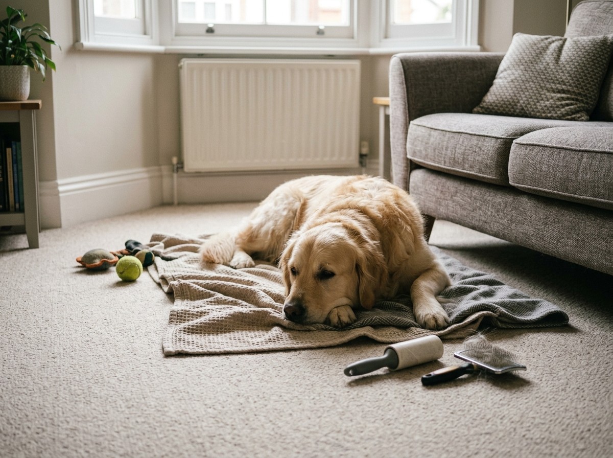 Keeping Carpets Fresh Between Professional Cleans 5 A washable throw and a regular brush keep pet hair off the carpet.