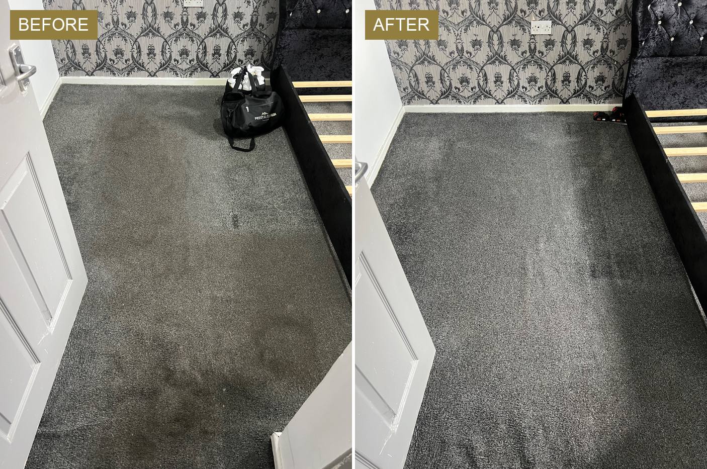 Will Professional Cleaning Remove This Stain? 8 A bedroom carpet with dark tide marks before and after a hot-water extraction clean, the cleaner, even carpet on the right.
