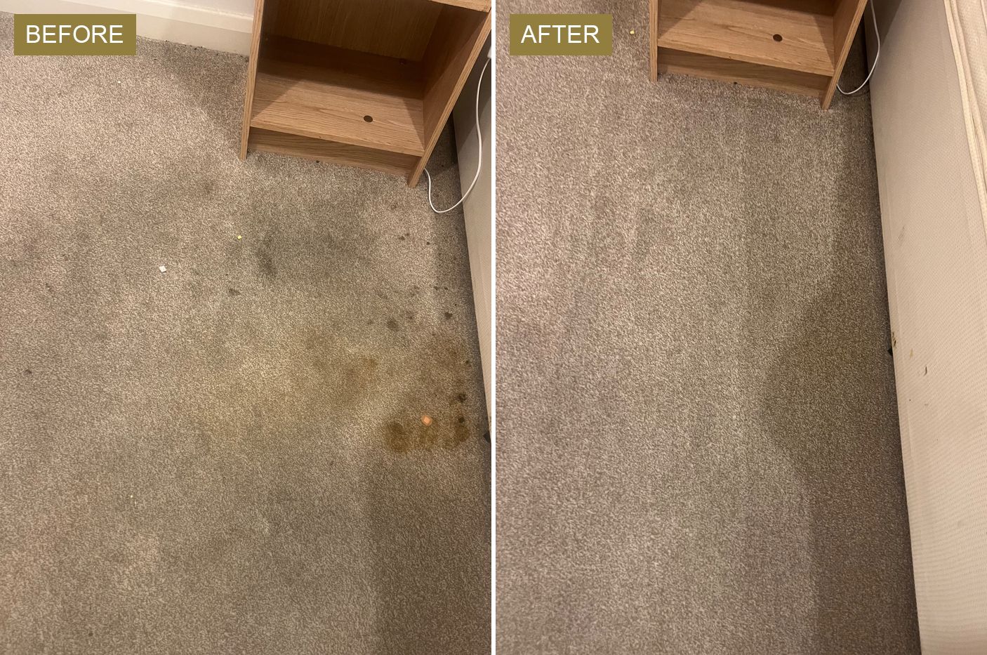 Will Professional Cleaning Remove This Stain? 2 A carpet with brown food and drink stains before and after a professional clean, the cleaner carpet on the right.