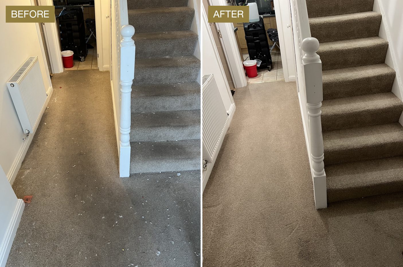 What a Year Does to Your Carpet 4 The same hallway and stairs before and after a hot-water extraction clean, the lighter, even carpet on the right.