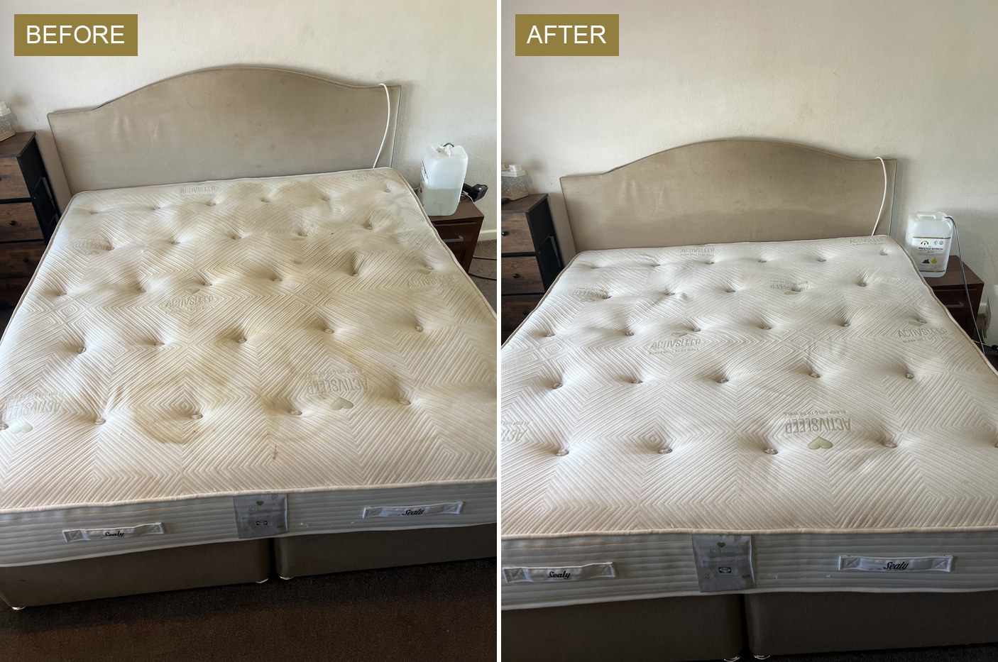 Mattress Cleaning in Manchester 4 A double mattress before and after a deep clean, the yellow stains gone on the right.