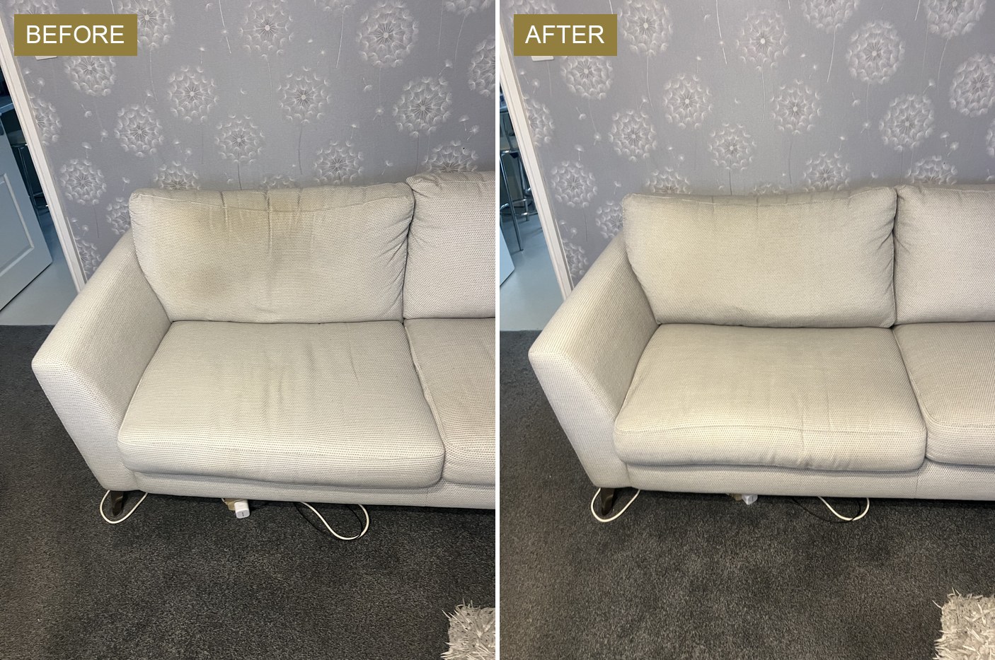 Upholstery & Sofa Cleaning in Manchester 8 A cream fabric sofa before and after a clean, the mustard patch on the back cushion lifted on the right.