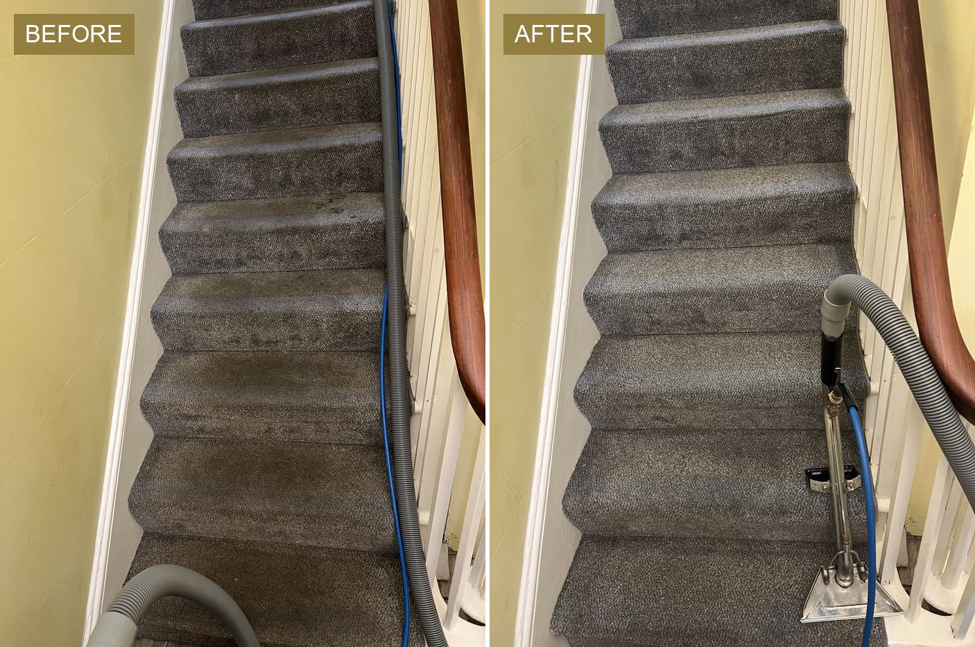 Carpet Cleaning Prices in the North West, Explained 2 A staircase carpet with grey, soiled treads before and after a hot-water extraction clean, the cleaner carpet on the right.