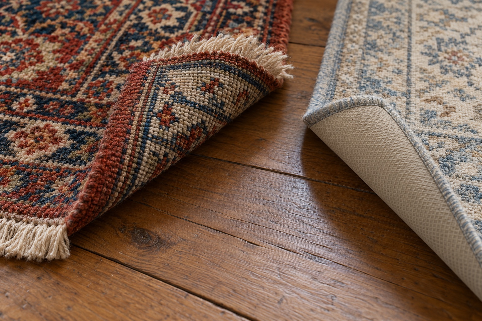 Rug Cleaning in Manchester | Wool & Oriental 2 The knotted back of a handmade rug next to a machine-made runner.