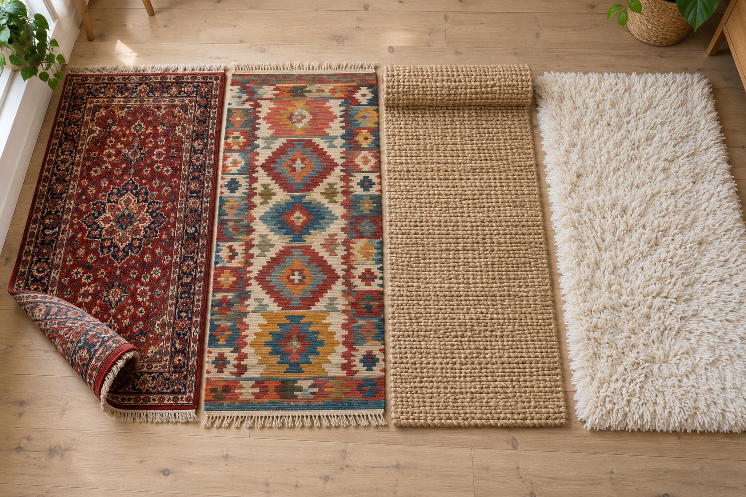 Rug Cleaning in Manchester | Wool & Oriental 4 Wool, kilim, jute and synthetic rugs laid out side by side.