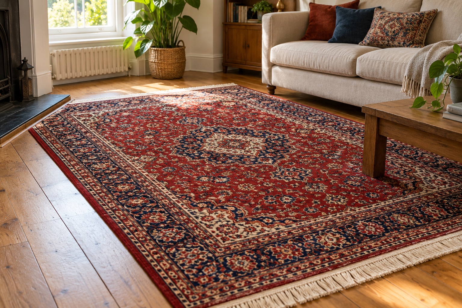 Rug Cleaning in Manchester | Wool & Oriental 7 A freshly cleaned wool rug back in its lounge, fringes combed straight.