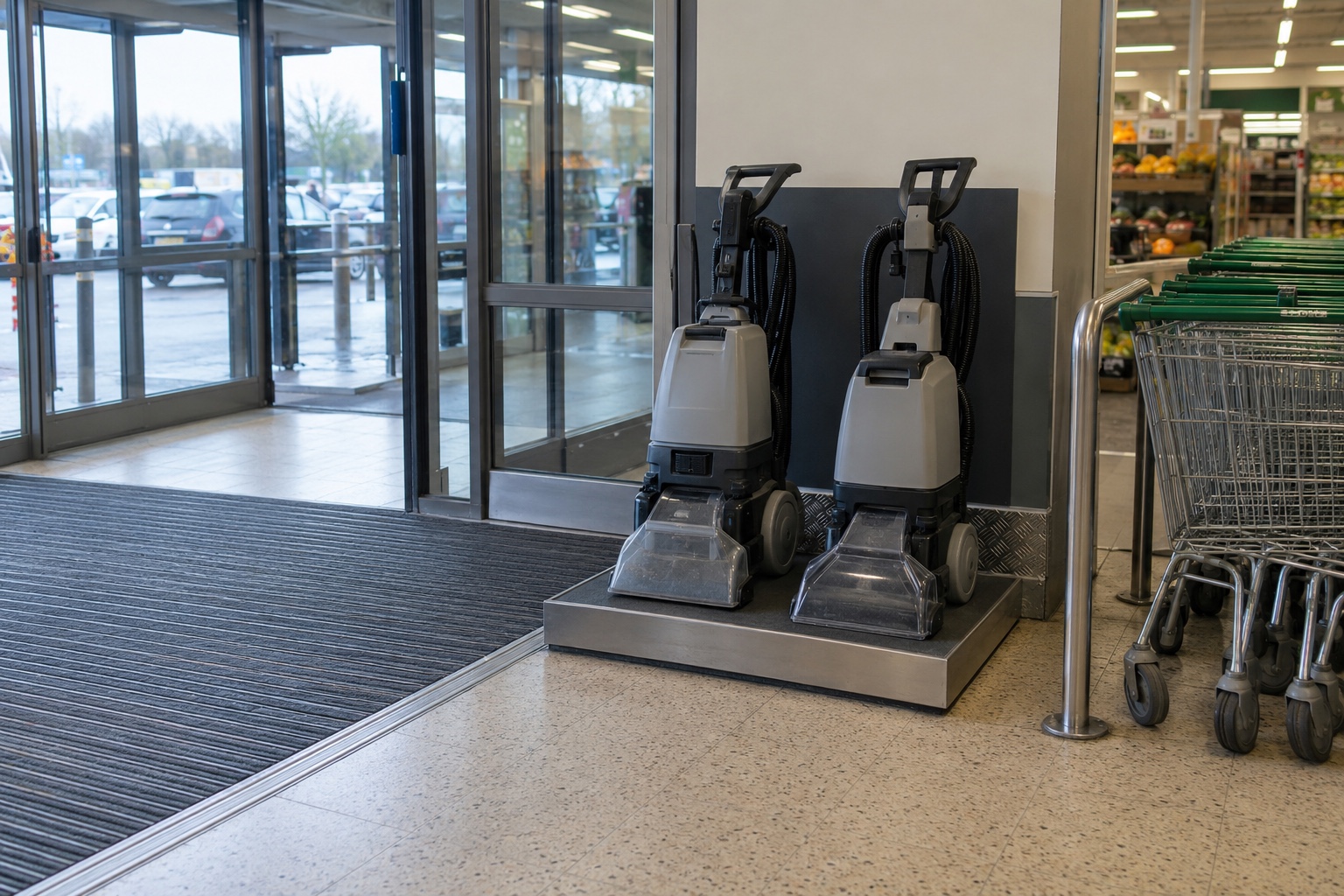 Rug Doctor Hire vs a Professional Clean 2 Hire carpet cleaning machines on a stand in a supermarket entrance.