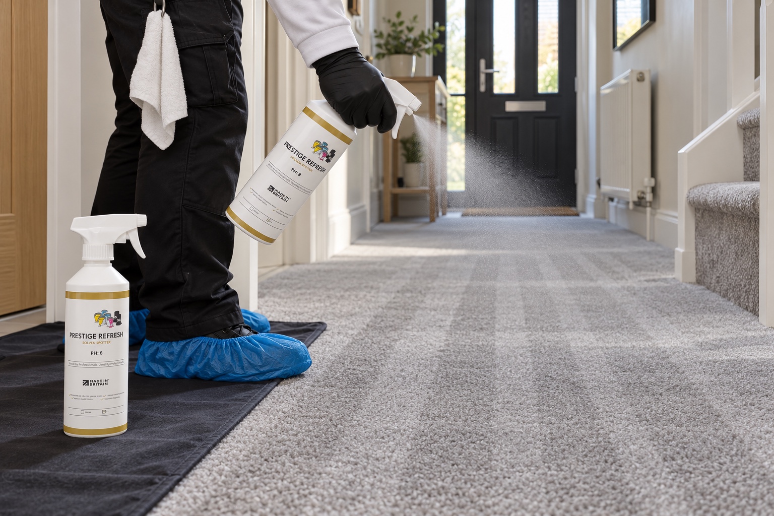 Rug Doctor Hire vs a Professional Clean 7 Protection being applied to a freshly cleaned hallway carpet.