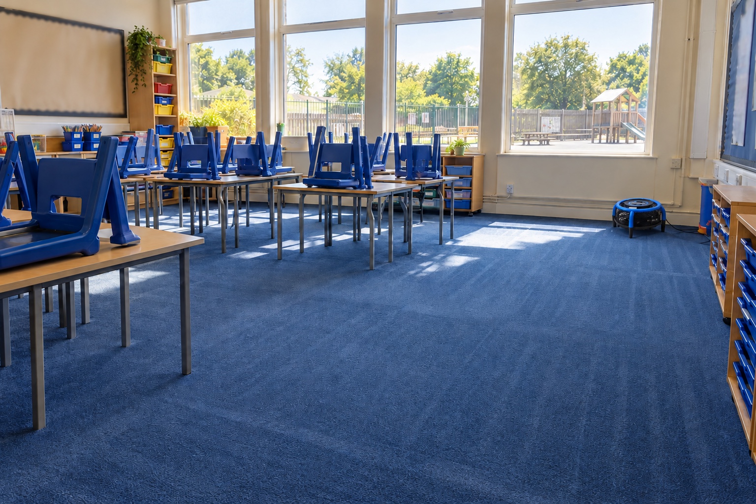 School and Nursery Carpet Cleaning 5 A classroom carpet drying over the holidays, ready for the new term.