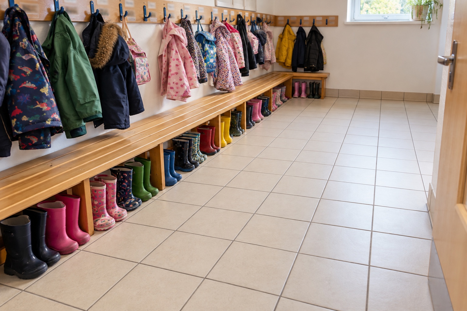 School and Nursery Carpet Cleaning 6 A tiled cloakroom floor cleaned back to a fresh finish.