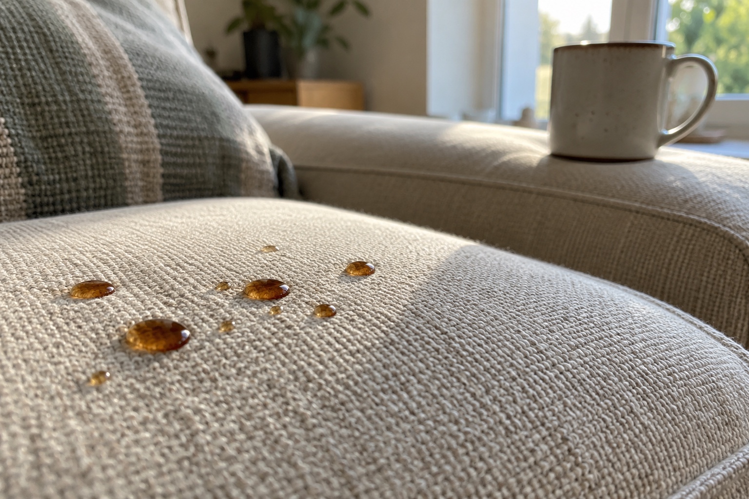 Why Smart Homeowners Protect Their Fabrics 1 Coffee beading on a protected fabric cushion instead of soaking in.