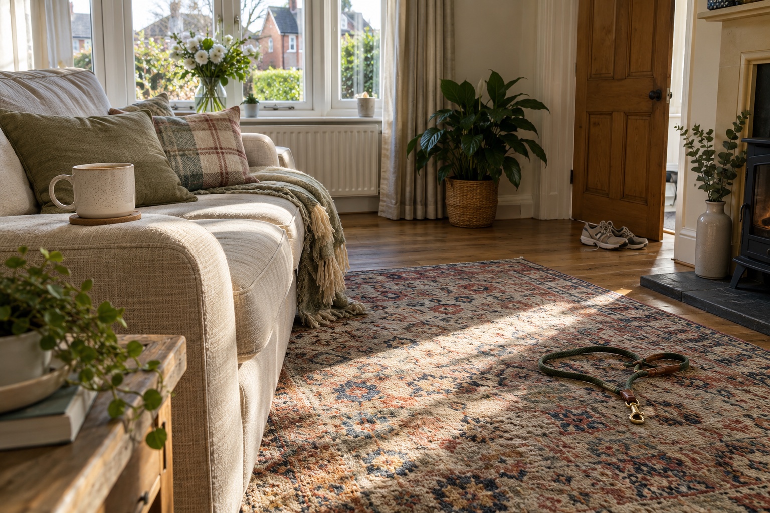 Why Smart Homeowners Protect Their Fabrics 2 A pale fabric sofa and rug in a busy family lounge.