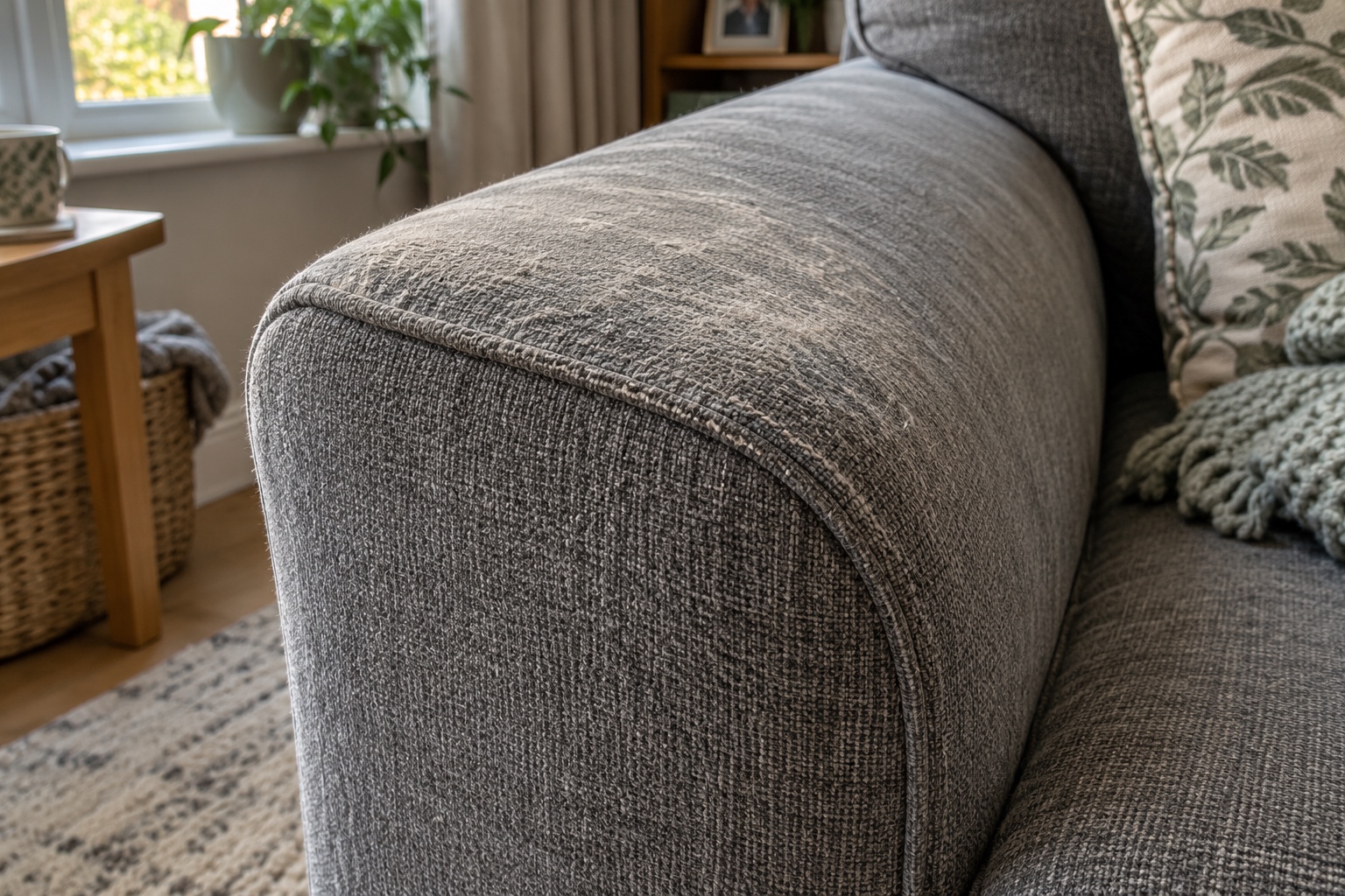 Why Smart Homeowners Protect Their Fabrics 3 A sofa arm worn from everyday use, which protection does not prevent.